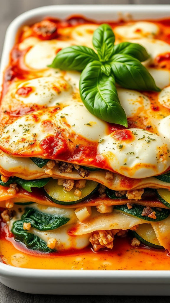A close-up of a delicious veggie lasagna with layers of pasta, cheese, and fresh basil on top.