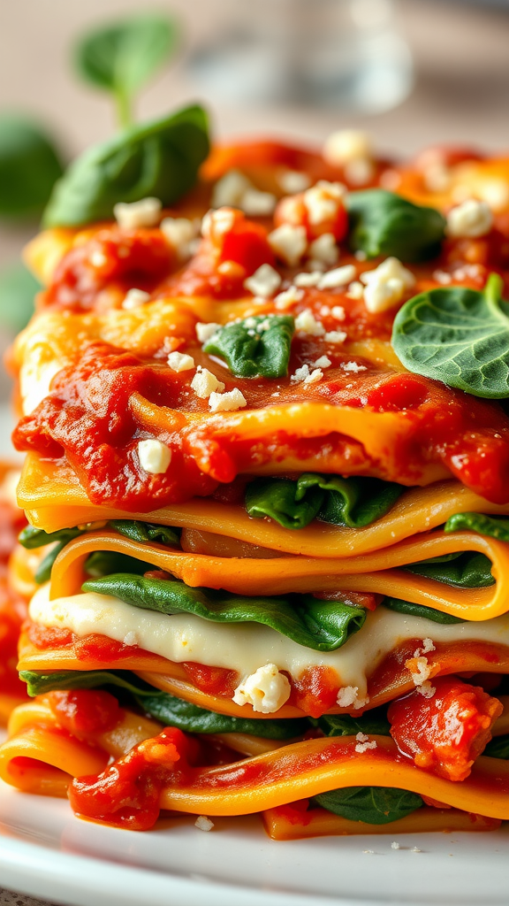 A delicious stack of veggie lasagna with spinach, tomato sauce, and cheese.