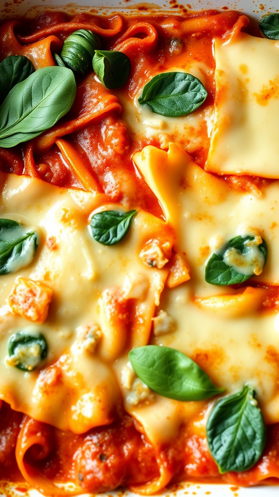 A close-up of veggie lasagna with layers of cheese, tomato sauce, and basil leaves