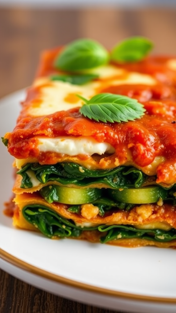 A close-up of a slice of veggie lasagna, layered with spinach, zucchini, and topped with basil.