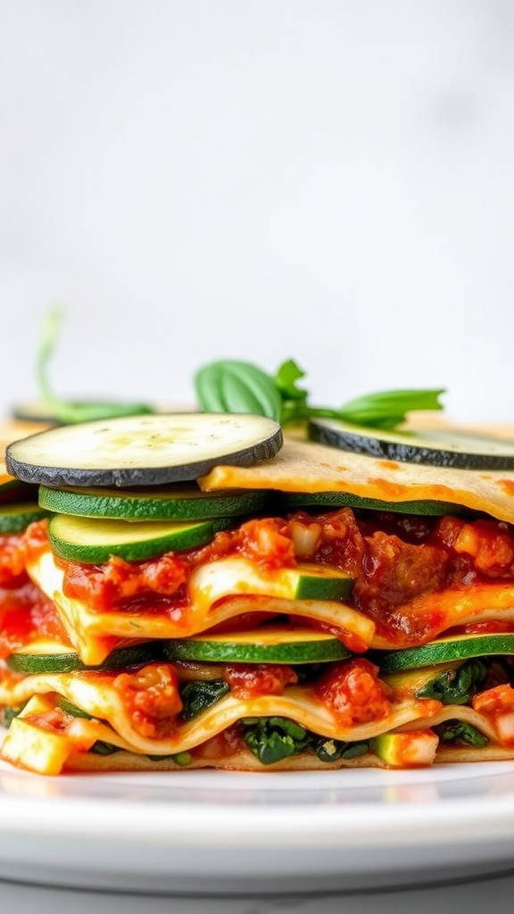 Veggie lasagna with layers of zucchini, spinach, and tomato sauce.