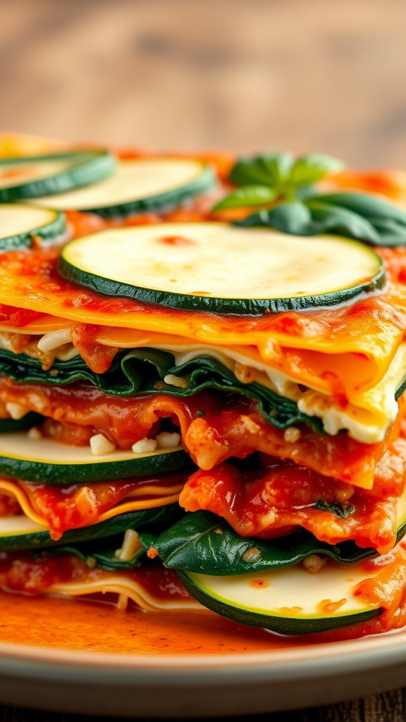 A deliciously layered veggie lasagna with zucchini and spinach in a rich tomato sauce.