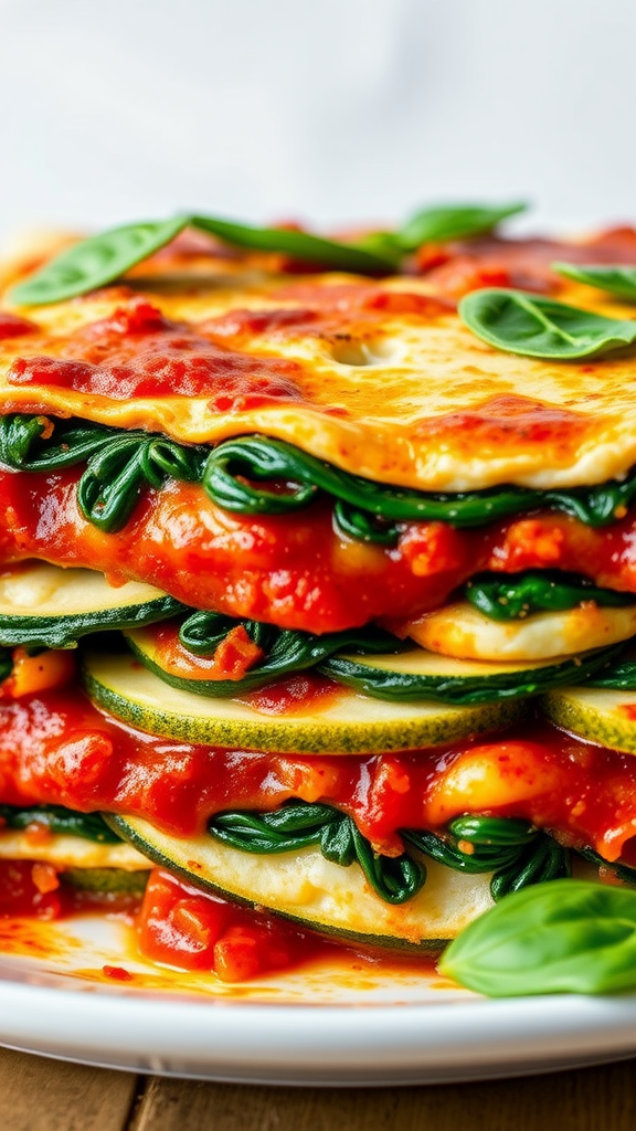 Layers of veggie lasagna with spinach and tomato sauce