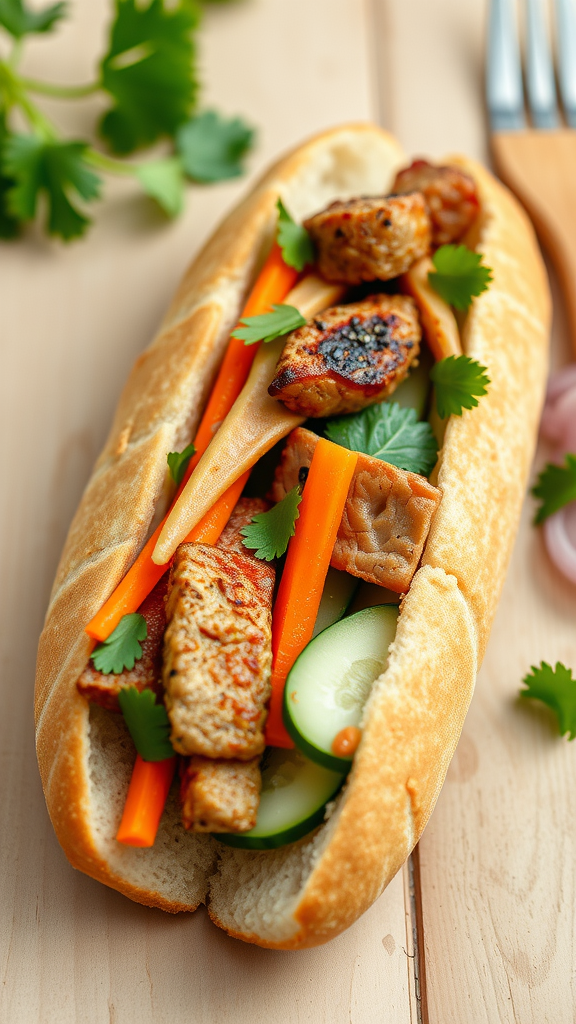 A delicious vegan banh mi sandwich filled with grilled tempeh, carrots, cucumbers, and cilantro.