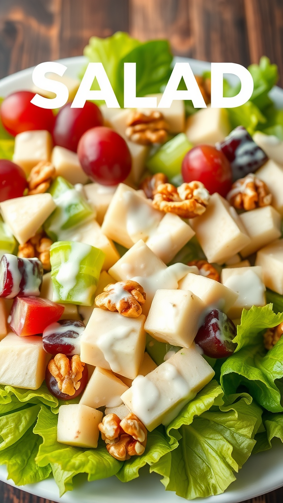 A colorful Waldorf salad with lettuce, apples, grapes, walnuts, and dressing
