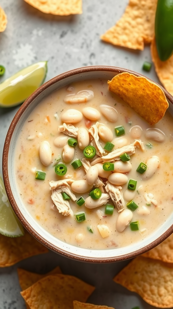 A bowl of white chicken chili topped with green onions and tortilla chips, surrounded by lime wedges and tortilla chips.