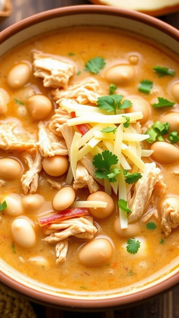 A bowl of white chicken chili with shredded chicken, white beans, and fresh cilantro.