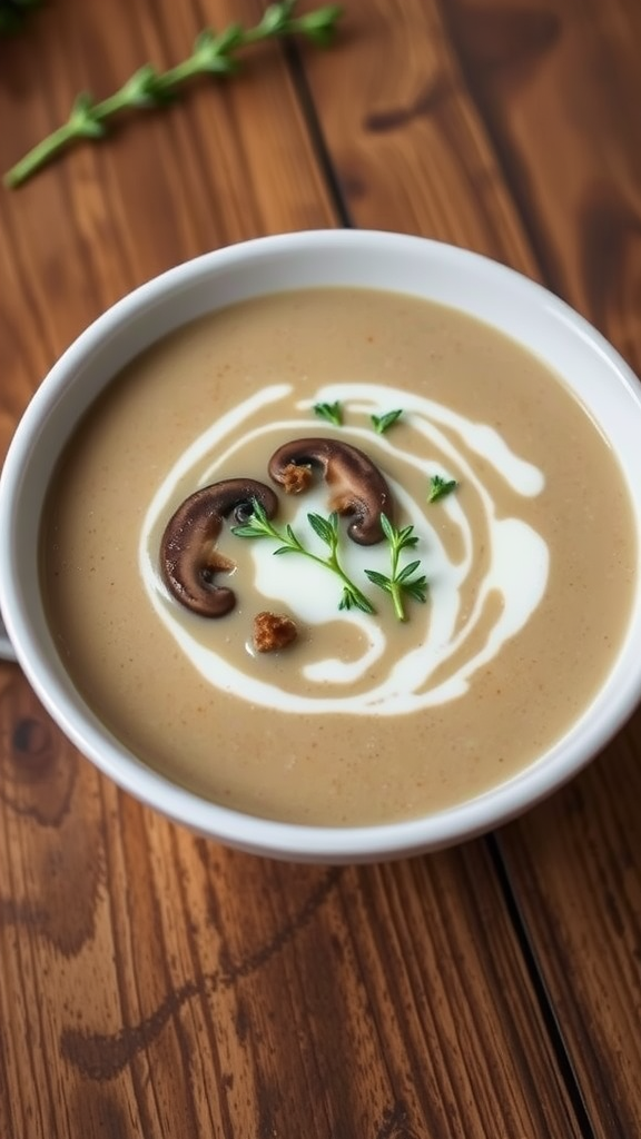A bowl of wild mushroom soup garnished with cream and herbs, placed on a wooden table.