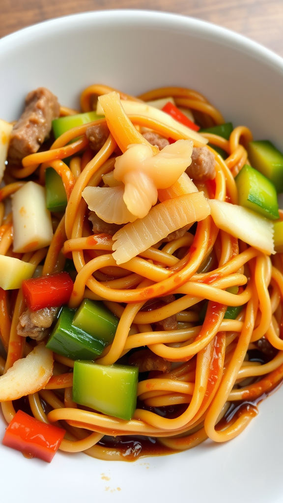 A bowl of Yakisoba featuring stir-fried noodles, colorful vegetables, and pickled ginger.