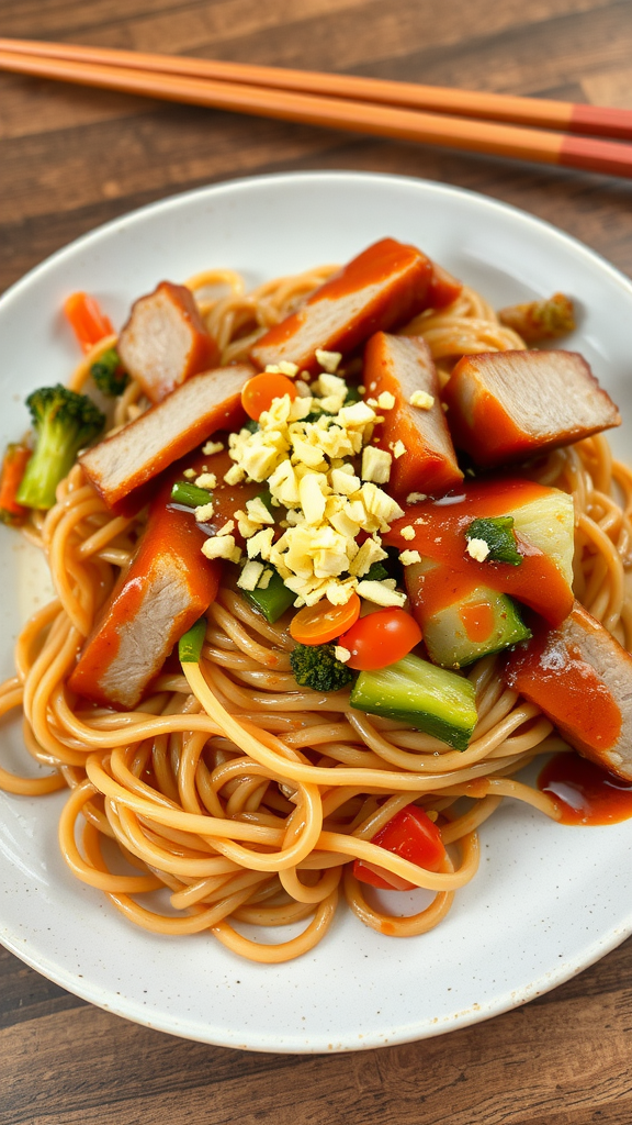 A plate of yakisoba noodles with vegetables and plant-based protein, garnished with chopped ingredients.