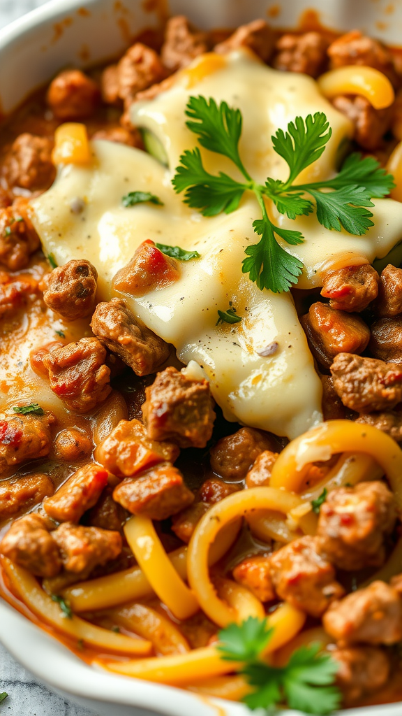 A delicious zucchini and beef casserole with melted cheese and fresh parsley on top.