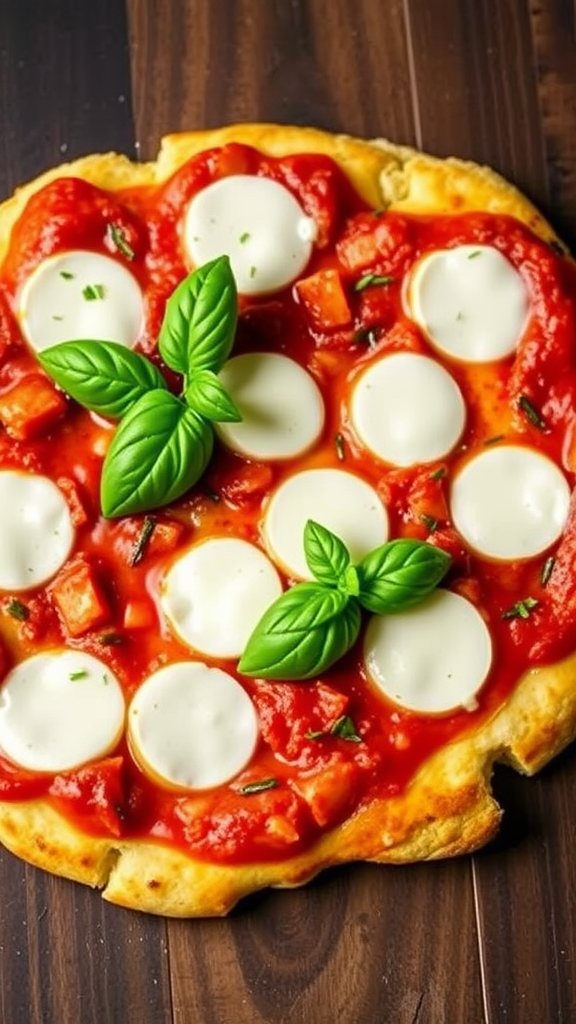 A delicious zucchini crust pizza topped with tomato sauce, mozzarella cheese, and fresh basil.