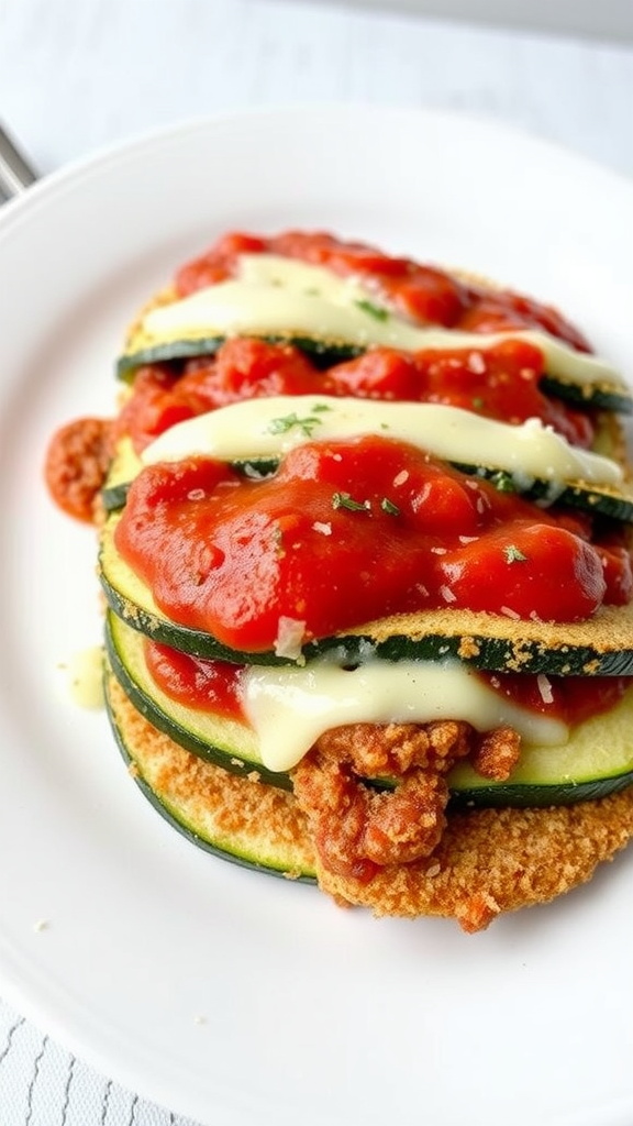 A plate of zucchini parmesan layered with marinara sauce and cheese.